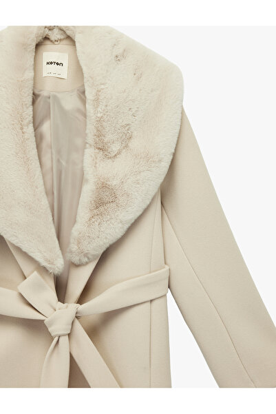Koton Detachable Faux Fur Collar Coat with Belt Cashmere Long Sleeve