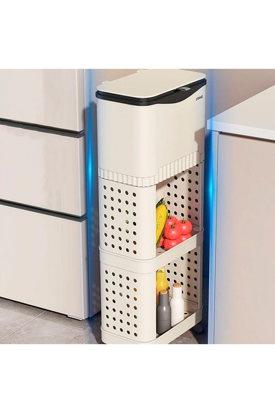 OEM 2-in-1 trash can with hinged lid and storage shelves, on wheels, cream