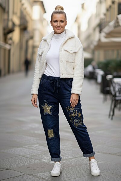 Chiccy Italian Jean Blue Pocketed Varak B Printed Elasticated and Tied Waist Lycra Denim Trousers 100 55