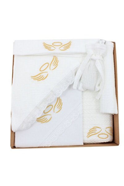 PRICHINDEL Set botez, 7 piese, Aripi de înger aurii, bumbac, alb