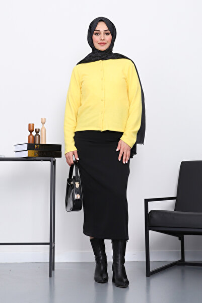 İmajButik Yellow Buttoned Textured Cardigan