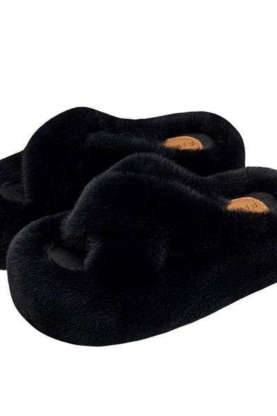 Take Two By Styli Black Faux Fur Flip Flop Slippers