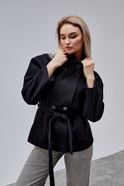 Bolivente Carvella Black Mock Neck Belted Cashmere Jacket