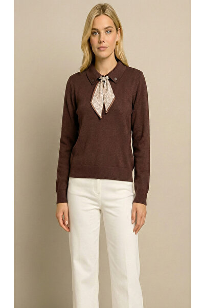 Sibel Günay Butik Women's Scarf Detailed Polo Neck Stretch Fabric Brown Knitwear Sweater |   Standard Size