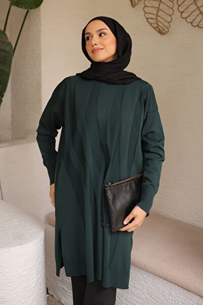 İmajButik Dark Green Cold Yarn Mercerized Knitwear Tunic