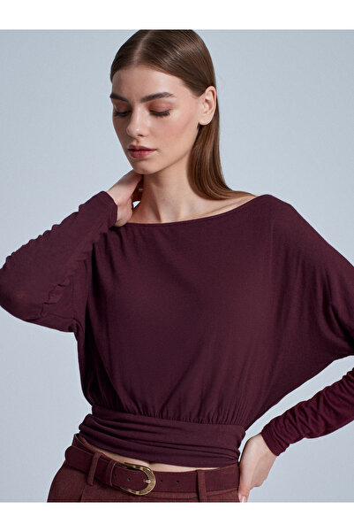 Dilvin 32306 Wool Blend One Shoulder Top-Burgundy