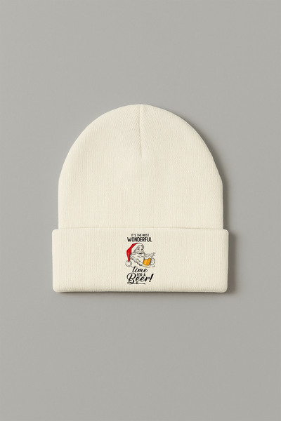 MODA 2026 Christmas New Year Printed Ecru Folded Winter Hat Beanie