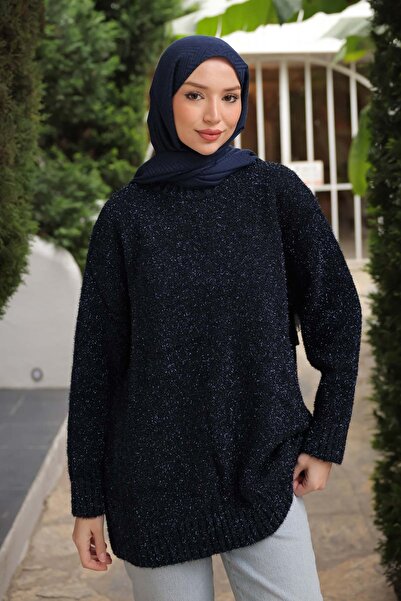 İmajButik Navy Blue Crew Neck Glitter Knit Sweater