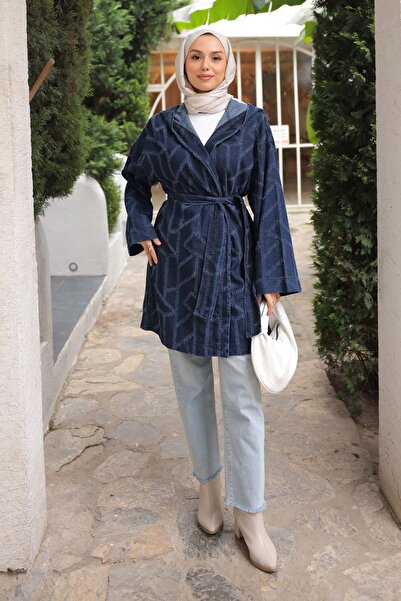 İmajButik Navy Blue Hooded Laser Cut Denim Jacket