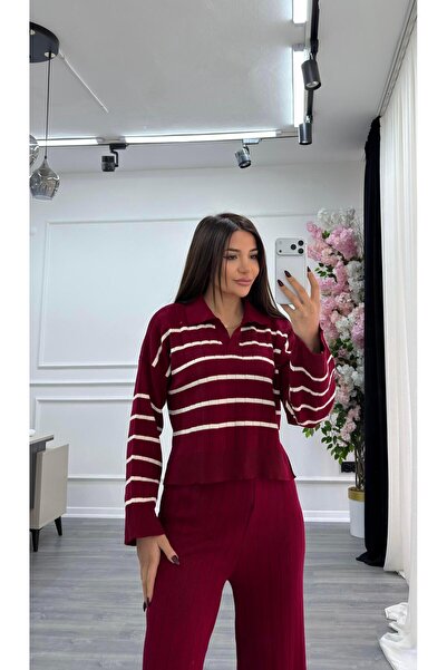 Daves Striped 2-Piece Knitwear Set-Burgundy