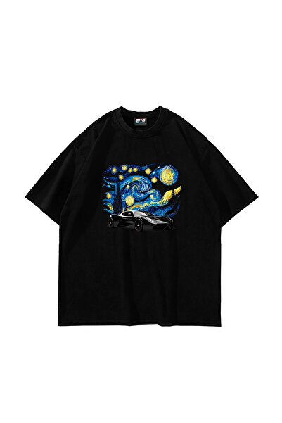 Sekizbiraltı Starry Night Race Printed Oversized Unisex Black Tshirt