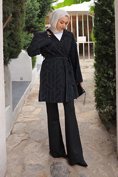 İmajButik Black Hooded Laser Cut Denim Jacket