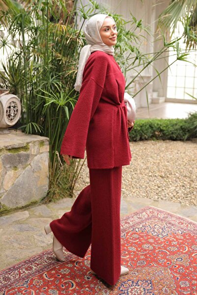 İmajButik Burgundy Zippered Angora Soft Cardigan Trouser Set