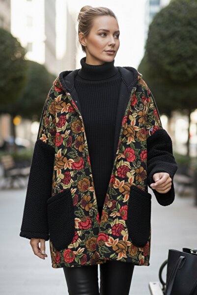 Chiccy Italian Black Long Sleeve Pocket Hooded Casual Boucle Oversize Woven Jacket 78 70