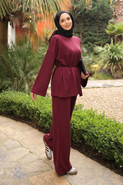 İmajButik Burgundy Waist-Tied Tunic with Pants Modal Set