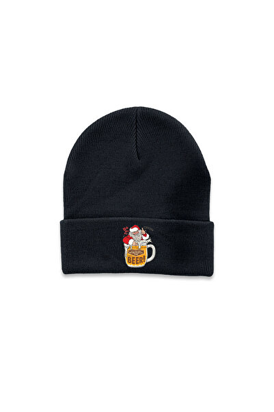 MODA 2026 Christmas New Year Printed Black Folded Winter Hat Beanie