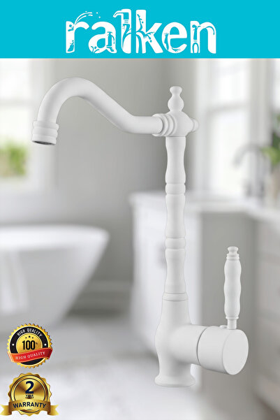RALKEN Kiev Mat Beyaz Rustik Musluk Retro Nostaljik Antik Eviye Mutfak Bataryası