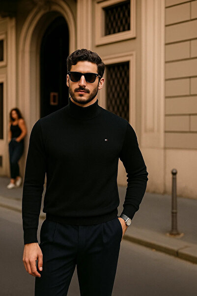 comstar Pulover negru casual pentru bărbați, cu jumătate de gât, cu guler