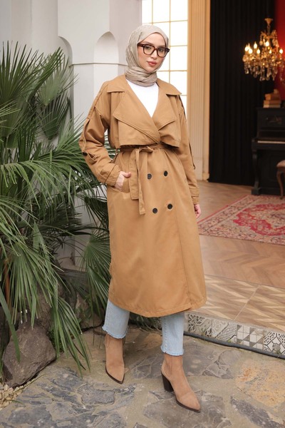 İmajButik Καμελ διπλό πέτο Καμπαρντίνα με επένδυση με γιακά