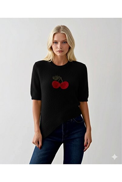 OYERGA MODA Women's Short Sleeve Cherry Patterned Sweater