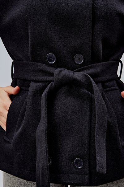 Bolivente Carvella Black Mock Neck Belted Cashmere Jacket