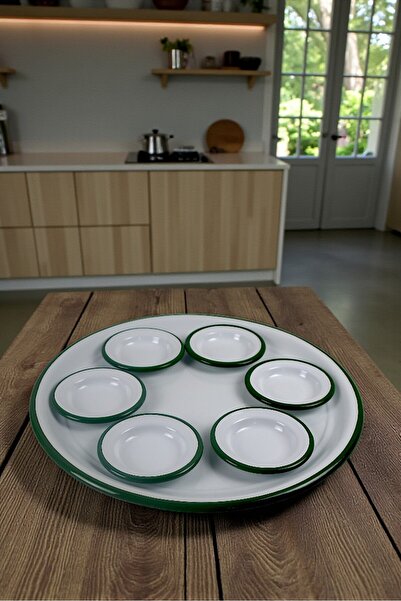 İnci Emaye 7 Piece Large Violet Patterned Enamel Breakfast Set, Serving Plate, Breakfast Plate, Jam Bowl, Dowry