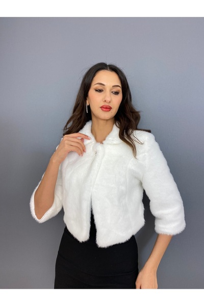 gökkuşagı moda Beyaz Broş Detaylı Yakalı Abiye Peluş Kürk