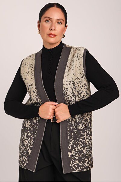 Uludağ Triko Women's Smoked Stone Patterned Pocketed Knitwear Knitted Mother Vest