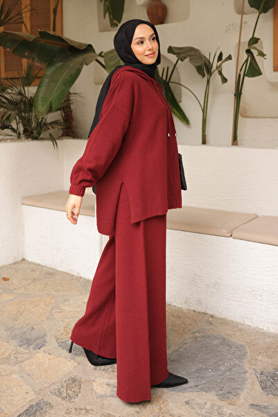 İmajButik Burgundy Angora Soft Cardigan Trouser Set