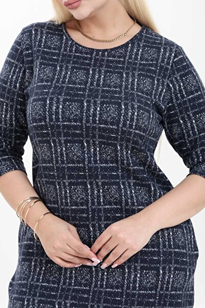 modayız Double Pocket Patterned Stretchy Winter Plus Size Midi Dress 21D-2756