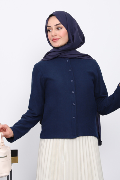 İmajButik Navy Blue Buttoned Textured Cardigan