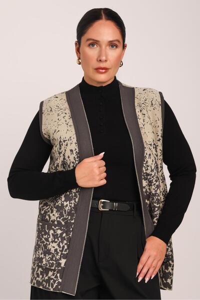 Uludağ Triko Women's Smoked Stone Patterned Pocketed Knitwear Knitted Mother Vest