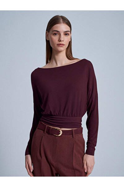 Dilvin 32306 Wool Blend One Shoulder Top-Burgundy
