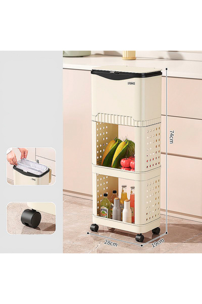 OEM 2-in-1 trash can with hinged lid and storage shelves, on wheels, cream