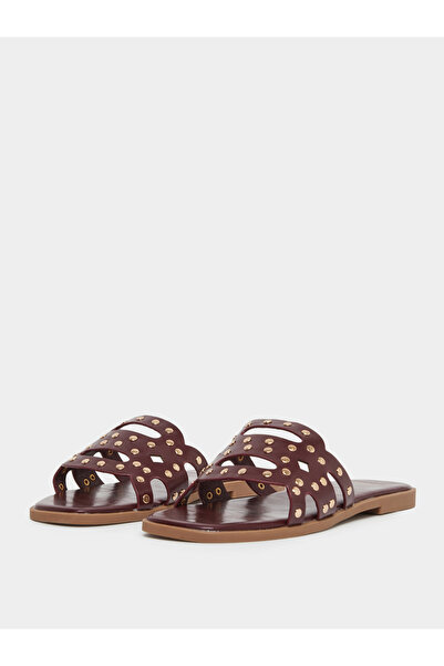 Styli Burgundy Studded Flat Sandals