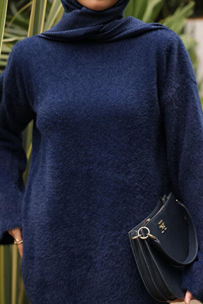 İmajButik Navy Blue Mock Neck Angora Soft Knit Sweater