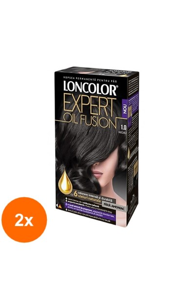 Loncolor Expert Set 2 x Vopsea de Par Permanenta Oil Fusion 1.0 Negru, 100 ml
