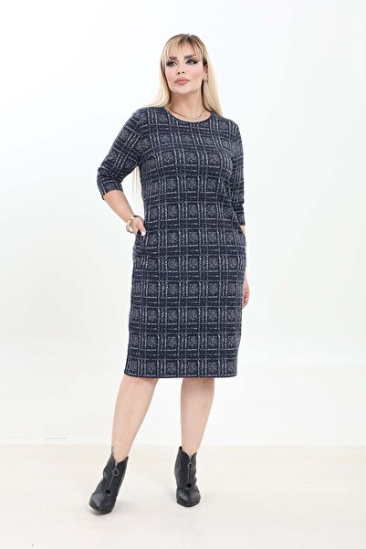 modayız Double Pocket Patterned Stretchy Winter Plus Size Midi Dress 21D-2756