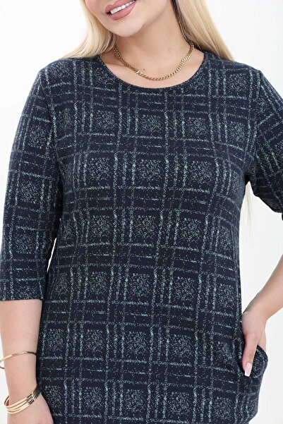 modayız Double Pocket Patterned Stretchy Winter Plus Size Midi Dress 21A-2760