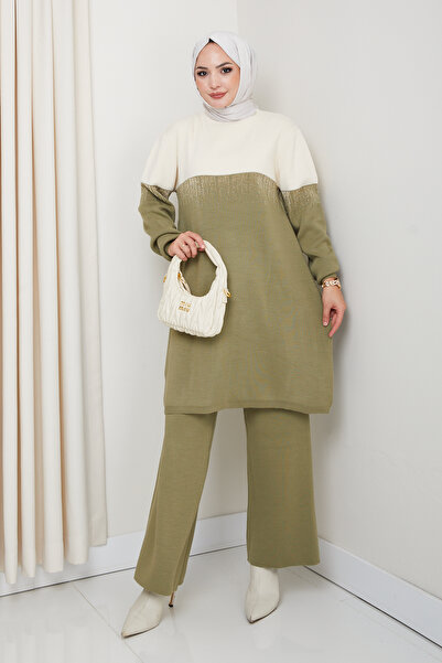 MODAQU Su Yolu Glitter Knitwear Tunic Trousers Set - Khaki