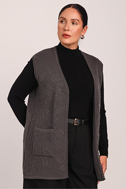 Uludağ Triko Women's Smoked Embossed Floral Pattern Pocketed Knitwear Knitted Mother Vest