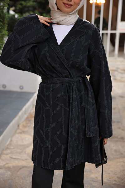 İmajButik Black Hooded Laser Cut Denim Jacket