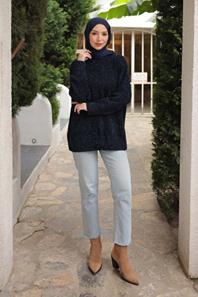 İmajButik Navy Blue Crew Neck Glitter Knit Sweater