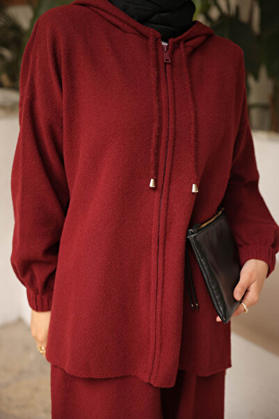 İmajButik Burgundy Angora Soft Cardigan Trouser Set