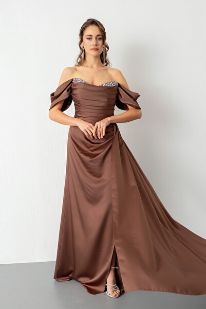 Lafaba Women's Brown Boat Neck Slit Long Satin Evening Dress