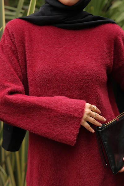 İmajButik Burgundy Mock Neck Angora Yumoş Knitwear Sweater