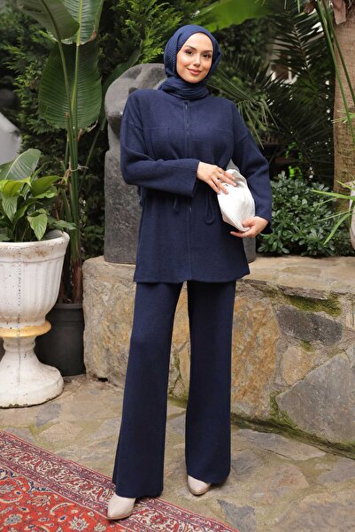 İmajButik Navy Blue Zippered Angora Soft Cardigan Pants Set
