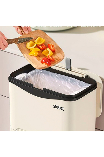 OEM 2-in-1 trash can with hinged lid and storage shelves, on wheels, cream