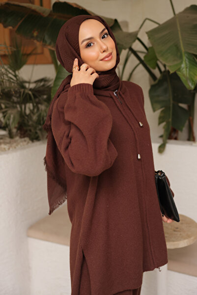 İmajButik Brown Angora Soft Cardigan Pants Set