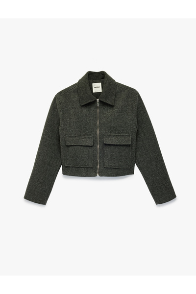 Koton Long Sleeve Zippered Pocket Crop Cashmere Jacket